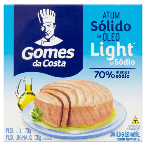 Atum Sólido em Óleo Comestível Light em Sódio Gomes da Costa Caixa Peso Líquido 170g Peso Drenado 120g