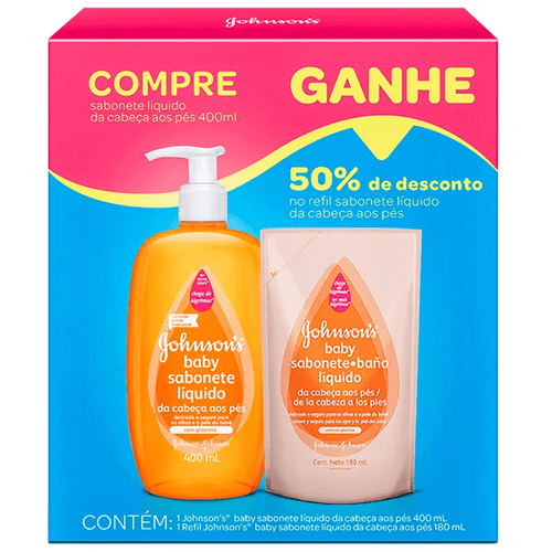 Sabonete Líquido Infantil Johnson's Baby Da Cabeça aos Pés 400ml + 50% Desconto no Refil 180ml