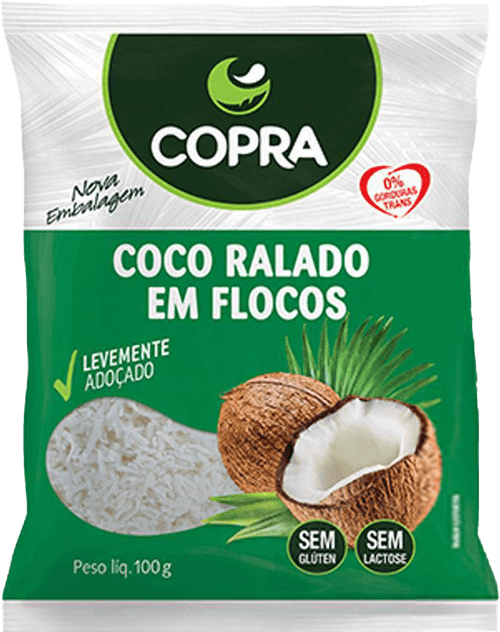 Coco Ralado Úmido Adoçado em Flocos Copra Pacote 100g