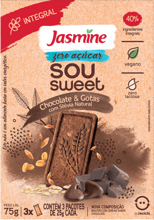 Biscoito Vegano 40% Integral Chocolate & Gotas com Stévia Natural Zero Açúcar Jasmine Sou Sweet Caixa 75g 3 Unidades 25g Cada