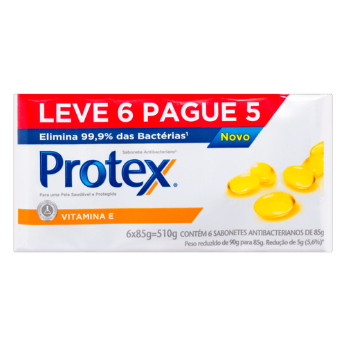 Sabonete em Barra Antibacteriano com Óleo de Linhaça Protex Nutri Protect Vitamina E Envoltório 510g Leve 6 Pague Menos 85g Cada