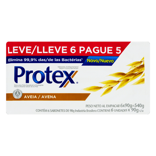 Sabonete em Barra Antibacteriano Aveia Protex Envoltório 540g Leve 6 Pague 5 Unidades de 90g Cada