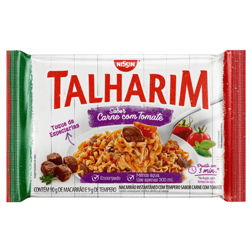 Macarrão Instantâneo Talharim com Tempero de Carne com Tomate Nissin Pacote 99g Sendo 90g de Macarrão e 9g de Tempero