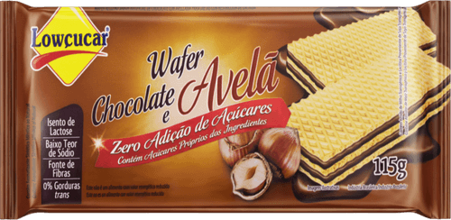 Biscoito Wafer com Recheio de Chocolate e Avelã Zero Lactose para Dietas com Restrição de Lactose sem Adição de Açúcar Lowçucar Pacote 115g