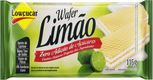 Biscoito Wafer Recheio Limão Diet Zero Lactose para Dietas de Ingestão Controlada de Açúcares e Restrição de Lactose Lowçucar Pacote 115g