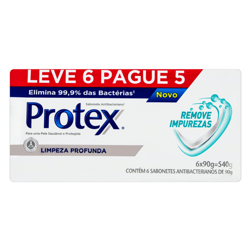 Sabonete em Barra Antibacteriano Protex Limpeza Profunda Envoltório 540g Leve 6 Pague 5 Unidades de 90g Cada