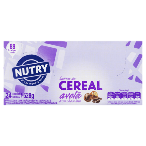 Barra de Cereal Avelã com Cobertura Chocolate Nutry Caixa 528g 24 Unidades 22g Cada