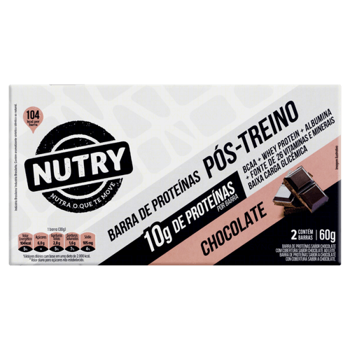 barra de proteína chocolate com cobertura chocolate ao leite nutry pós-treino caixa 60g 2 unidades de 30g cada