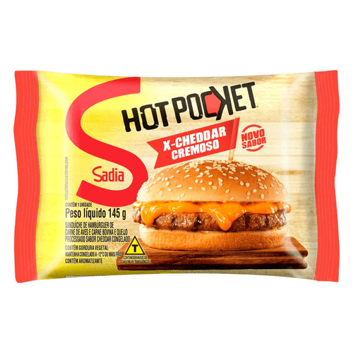 Sanduíche Congelado X-Burguer de Carne de Aves e Bovina com Queijo Processado Cheddar Sadia Hot Pocket Pacote 145g