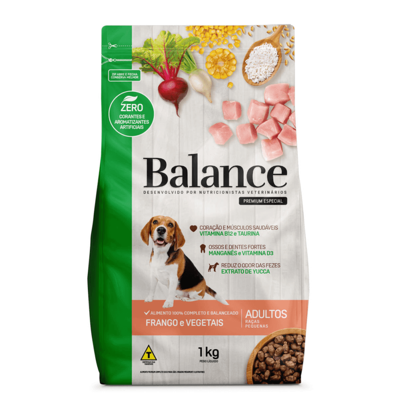 Alimento-Completo-Seco-para-Caes-Adultos-Racas-Pequenas-Frango-e-Vegetais-Balance-Premium-Especial-Pouch-1kg