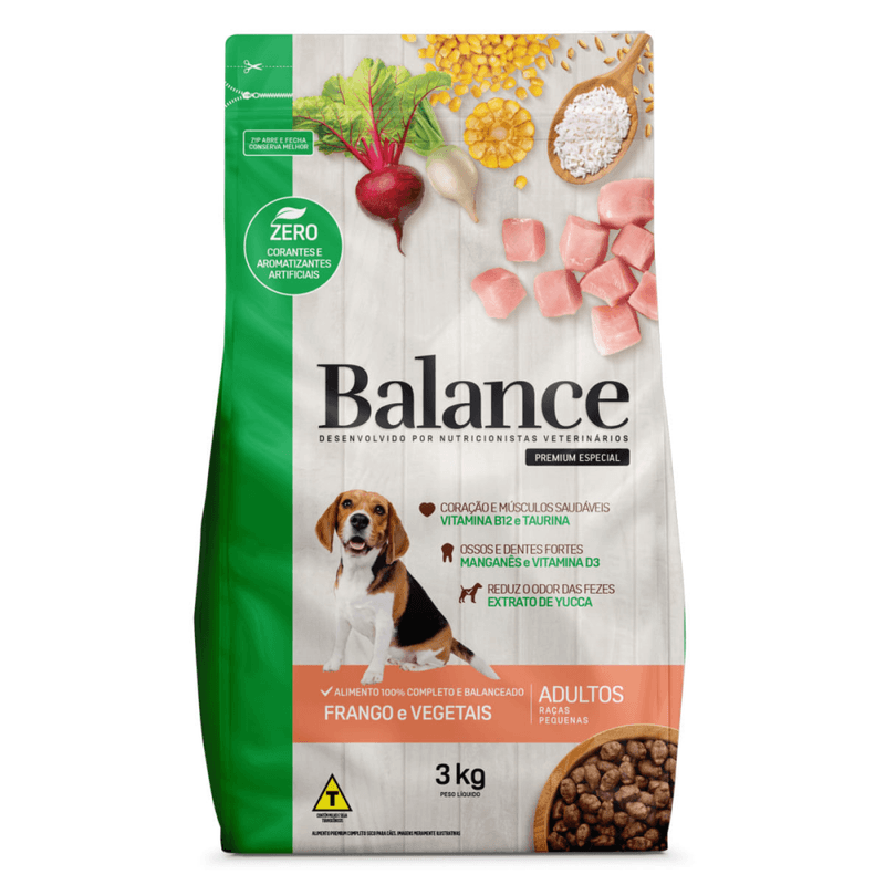 Alimento-Completo-Seco-para-Caes-Adultos-Racas-Pequenas-Frango-e-Vegetais-Balance-Premium-Especial-Pouch-3kg