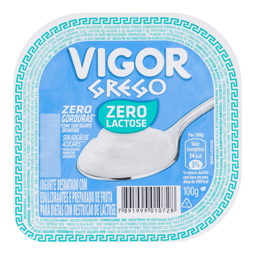 Iogurte Vigor Grego Zero Lactose Zero Gordura Tradicional 100 g