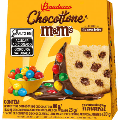 Kit Panettone Com Gotas De Chocolate 80g + Sachê De Cobertura Chocolate Com Avelã 25g Bauducco Chocottone + Sachê De Confeitos M&amp;ms 20g