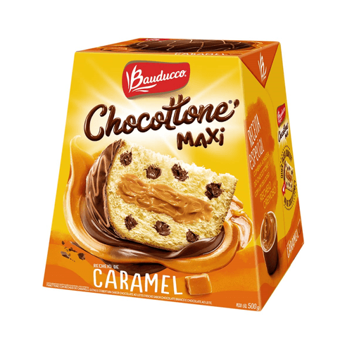 Panettone com Recheio de Caramelo, Gotas e Cobertura de Chocolate ao Leite e Riscas de Chocolate Branco e ao Leite Bauducco Chocottone Maxi Caixa 500g