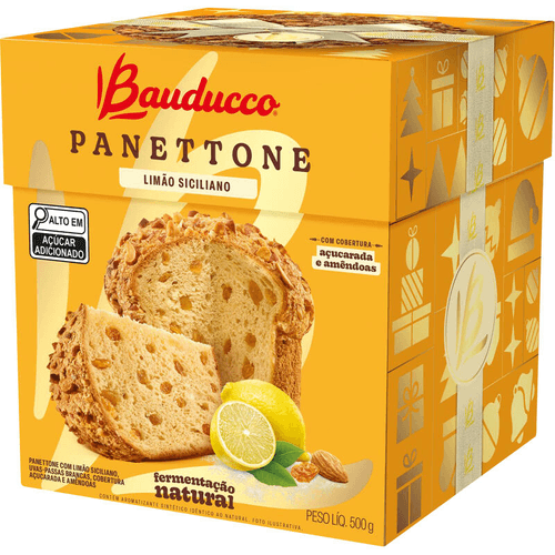 Panettone com Limão Siciliano e Uvas-Passas Brancas Cobertura Açucarada e Amêndoas Bauducco Caixa 500g