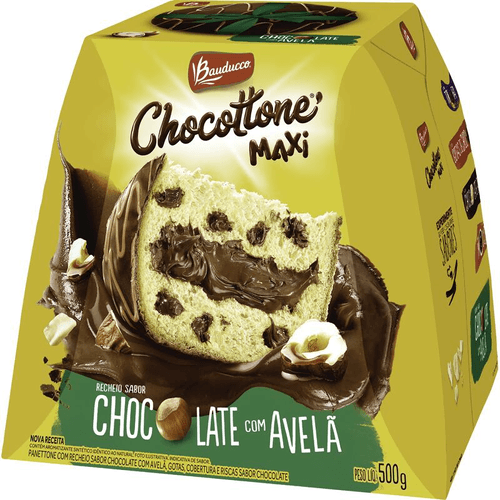 Panettone com Recheio Chocolate com Avelã Cobertura, Gotas e Riscas Chocolate Bauducco Chocottone Maxi Caixa 500g