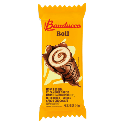 Rocambole Baunilha com Recheio, Cobertura e Riscas Chocolate Bauducco Roll Pacote 34g