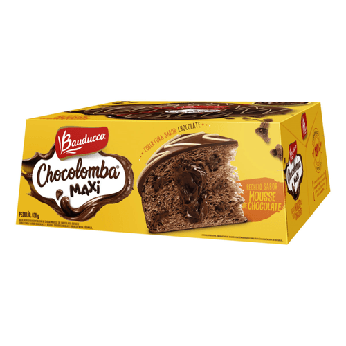 Bolo de Páscoa com Recheio Mousse de Chocolate, Gotas e Cobertura Chocolate e Riscas Chocolate Branco Bauducco Chocolomba Maxi Caixa 650g
