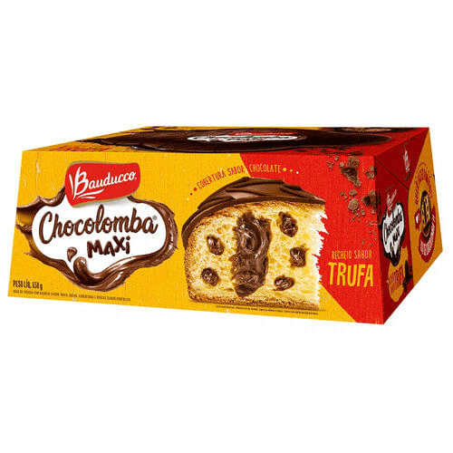 Bolo de Páscoa com Recheio Trufa, Gotas, Cobertura e Riscas Chocolate Bauducco Chocolomba Maxi Caixa 650g