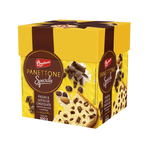 Panettone com Passas e Gotas de Chocolate Cobertura Açucarada e Amêndoas Bauducco Speciale Caixa 500g