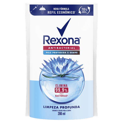 Sabonete Líquido Antibacterial Rexona Limpeza Profunda Sachê 200ml Refil Econômico