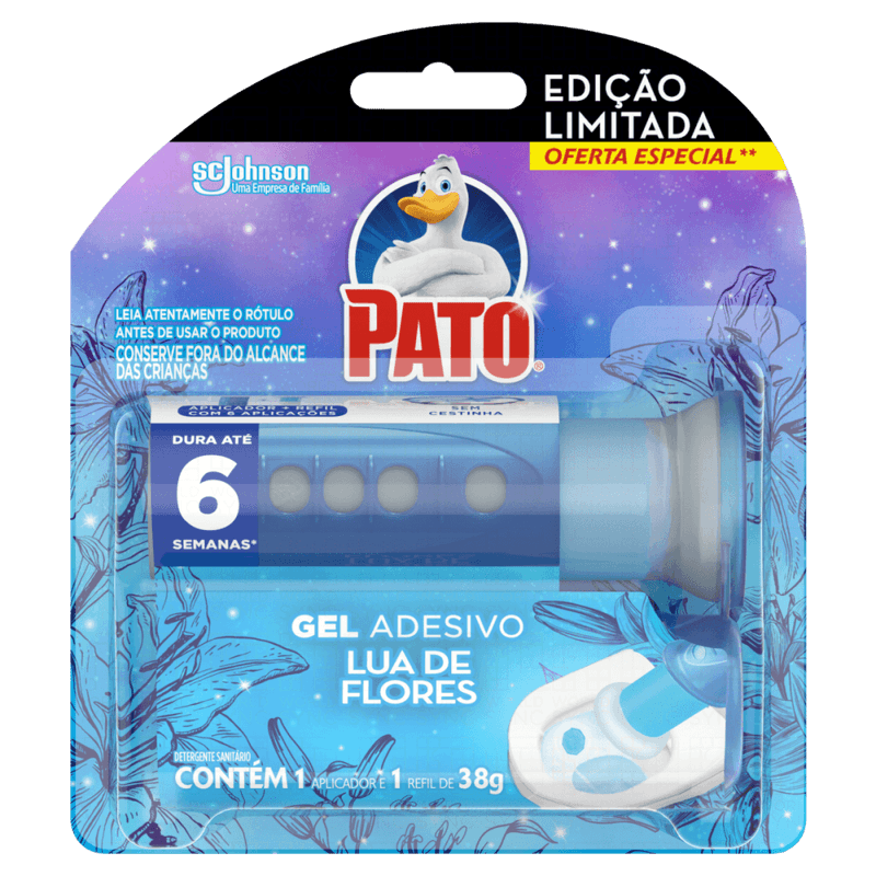 Detergente-Sanitario-Gel-Adesivo-com-Aplicador-Lua-de-Flores-Pato-38g-6-Discos-Oferta-Especial-Edicao-Limitada