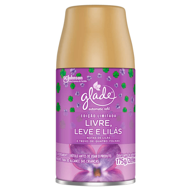 Odorizador-de-Ambiente-Livre-Leve-e-Lilas-Notas-de-Lilas-e-Trevo-de-Quatro-Folhas-Glade-Automatic-Frasco-269ml-Spray-Refil-Edicao-Limitada