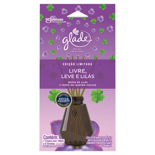 Odorizante de Ambiente Difusor de Aromas Livre, Leve e Lilás Notas de Lilás e Trevo-de-Quatro-Folhas Glade Caixa 100ml Edição Limitada
