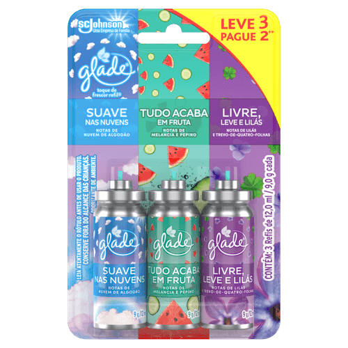 Kit Odorizador de Ambiente Suave nas Nuvens + Tudo Acaba em Fruta + Livre, Leve e Lilás Glade Toque de Frescor 12ml Cada Refil Leve 3 Pague 2 Unidades