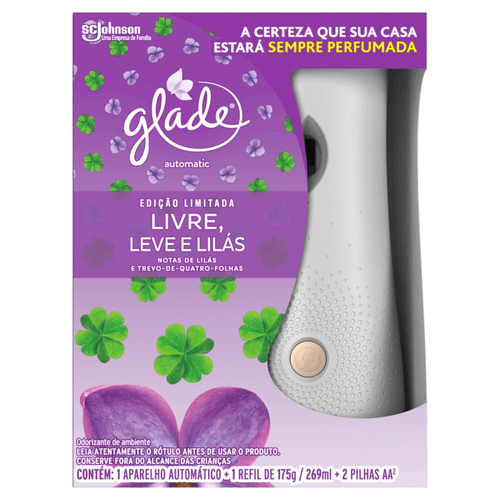 Aparelho e Odorizador de Ambiente Livre, Leve e Lilás Notas de Lilás e Trevo-de-Quatro-Folhas Glade Automatic Caixa 269ml Spray Edição Limitada