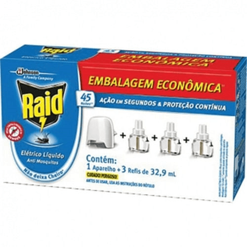 Kit 1 Aparelho + 3 Repelentes Líquido Elétrico 45 Noites Raid 32,9ml Cada Refil Embalagem Econômica