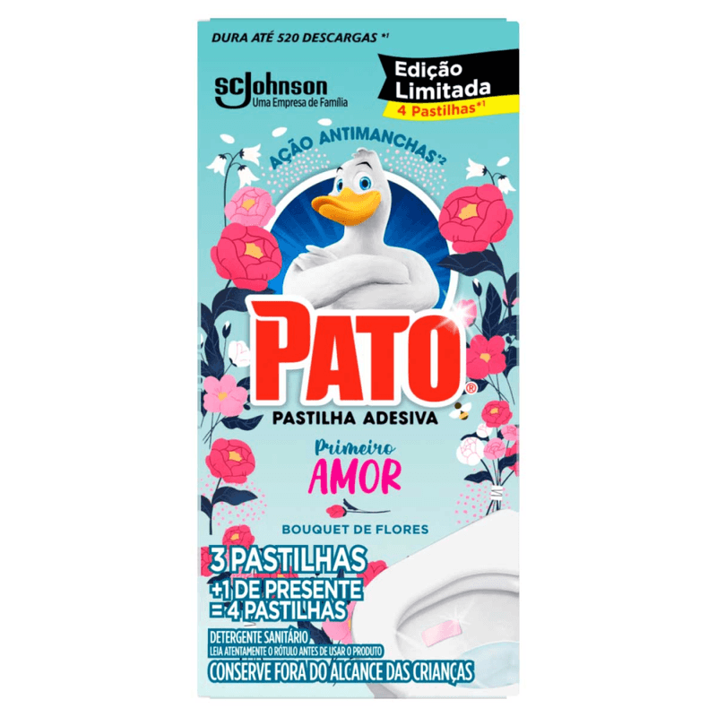 Detergente-Sanitario-Pastilha-Adesiva-Bouquet-de-Flores-Pato-Primeiro-Amor-4-Unidades-Gratis-1-Pastilha-Edicao-Limitada