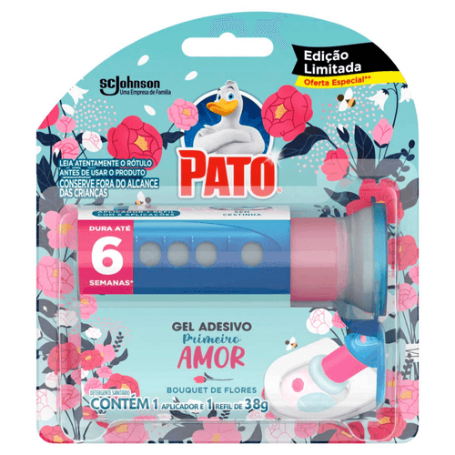 Detergente Sanitário Gel Adesivo com Aplicador Bouquet de Flores Pato Primeiro Amor 38g Refil com 6 Discos Oferta Especial Edição Limitada