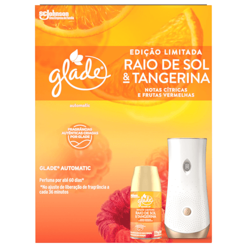 Aparelho e Odorizador de Ambiente Raio de Sol & Tangerina Notas Cítricas e Frutas Vermelhas Glade Automatic Caixa  269ml Spray Edição Limitada