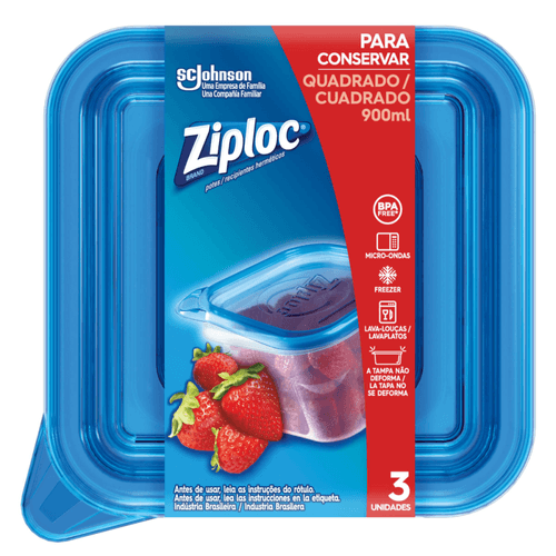 Conjunto Pote Hermético Plástico Azul Quadrado 900ml Ziploc 3 Unidades