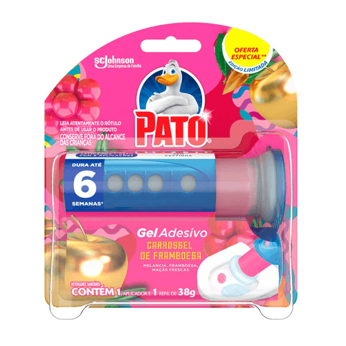 Detergente Sanitário Gel Adesivo com Aplicador Carrossel de Framboesa Melancia, Framboesa, Maçãs Frescas Pato 38g Oferta Especial Edição Limitada