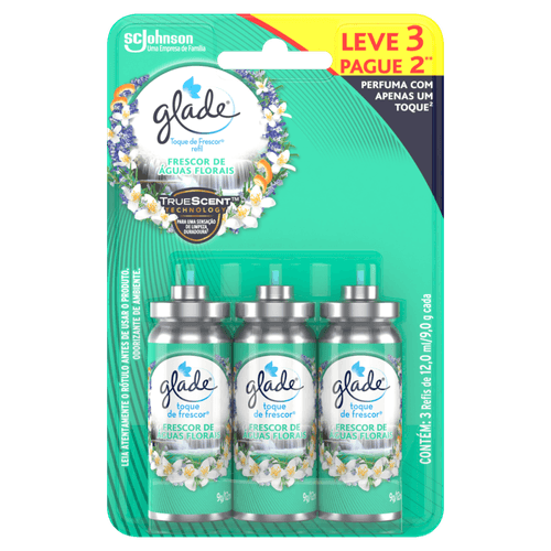 Odorizador de Ambiente Frescor de Águas Florais Glade Toque de Frescor Blister 12ml Cada Refil Leve 3 Pague 2 Unidades