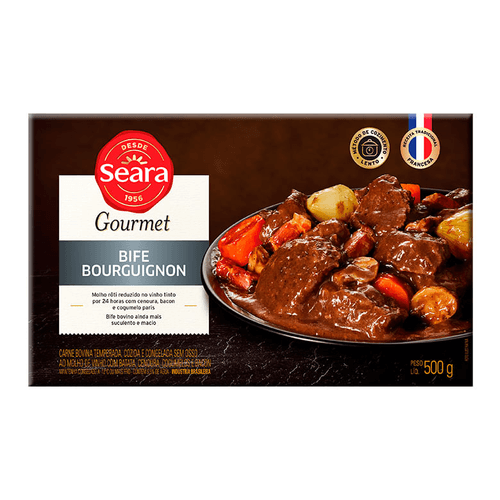 Bife Bourguignon ao Molho de Vinho com Batata, Cenoura, Cogumelos e Bacon Temperado, Cozido e Congelado Seara Gourmet Caixa 500g