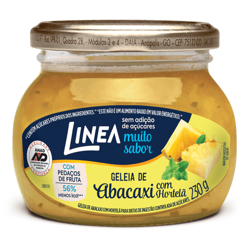 Geleia de Abacaxi com Hortelã com Pedaços de Fruta sem Adição de Açúcar para Dietas de Ingestão Controlada de Açúcares Linea Vidro 230g