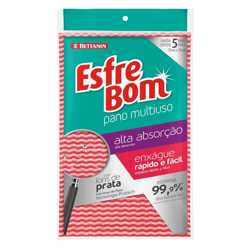 Pano Multiuso Vermelho com Íons de Prata Esfrebom Alta Absorção 33cm x 55cm 5 Unidades