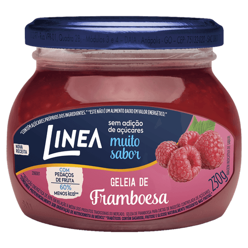 Geleia de Framboesa com Pedaços de Fruta sem Adição de Açúcar para Dietas de Ingestão Controlada de Açúcares Linea Vidro 230g