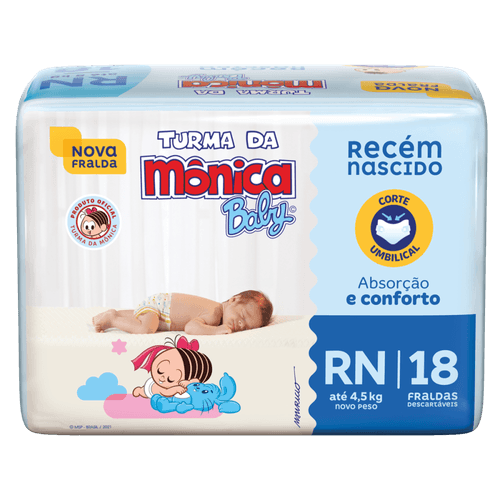 Fralda Descartável Turma da Mônica Baby RN até 4,5kg Pacote 18 Unidades