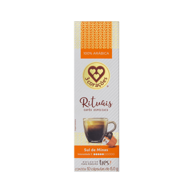 Cafe-em-Capsula-Torrado-e-Moido-Sul-de-Minas-100--Arabica-3-Coracoes-Rituais-Caixa-80g-10-Unidades-de-8g-Cada