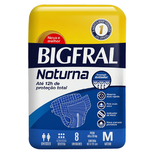 Fralda Descartável para Adulto com Extratos Naturais Hidratantes Bigfral Derma Plus Noturna M 40 a 70kg Pacote 8 Unidades