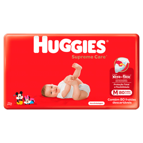 Fralda Descartável Infantil Xtra-Flex Disney Baby Huggies Supreme Care M 5,5 a 9,5kg Pacote 80 Unidades
