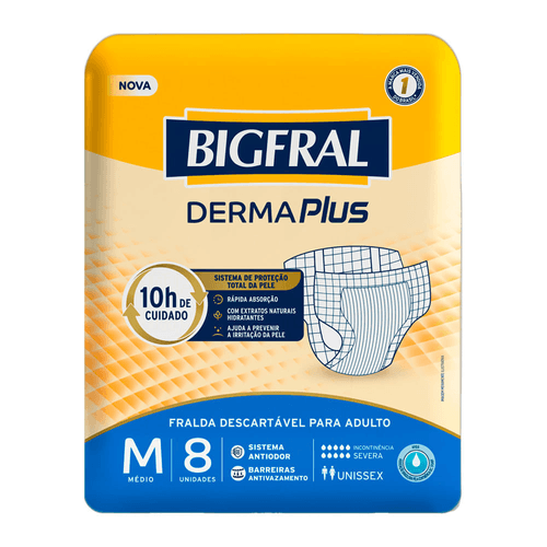 Fralda Descartável para Adulto Bigfral Derma Plus M 40 a 70kg Pacote 8 Unidades