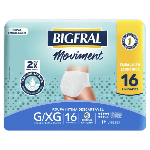 Roupa Íntima Descartável Unissex Bigfral Moviment G/XG Pacote 16 Unidades Embalagem Econômica