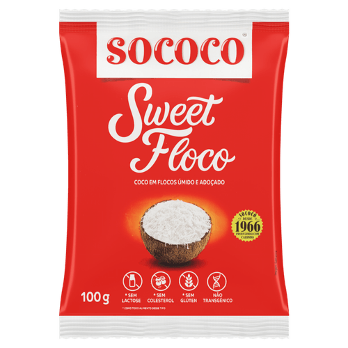 Coco Ralado Úmido e Adoçado em Flocos Sococo Sweet Floco Pacote 100g