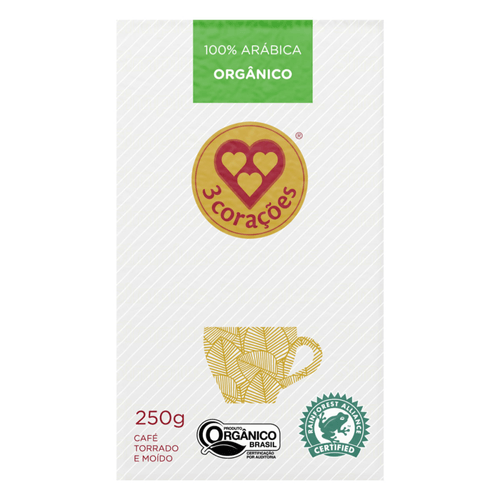 Café Torrado e Moído a Vácuo Orgânico 100% Arábica 3 Corações Rituais Pacote 250g