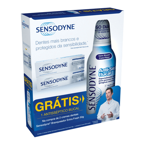 Kit 2 Cremes Dentais Branqueador Extra Fresh Sensodyne 50g Grátis Enxaguatório Bucal Cool Mint 250ml